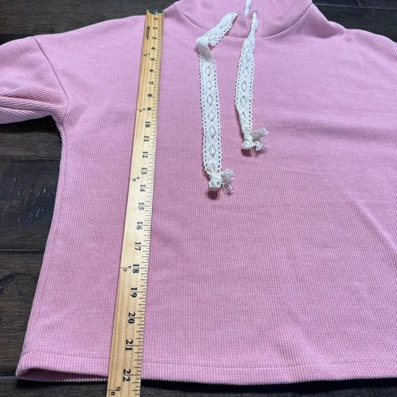 LoveBug Boutique Women's Ribbed Pink Hoodie with Lace Cream Drawstrings - Picture 7 of 9